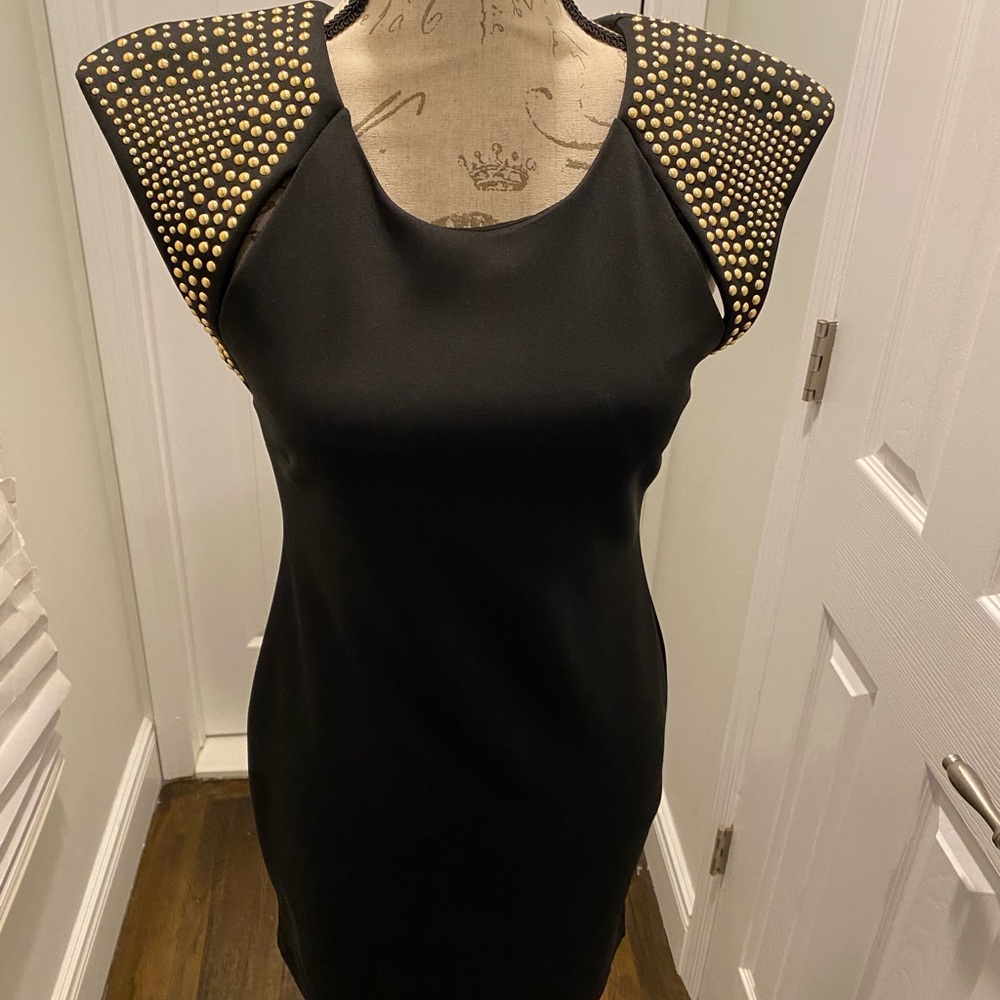 Sans Souchi Neoprene Studded Padded Shoulder Mini Dress Medium
